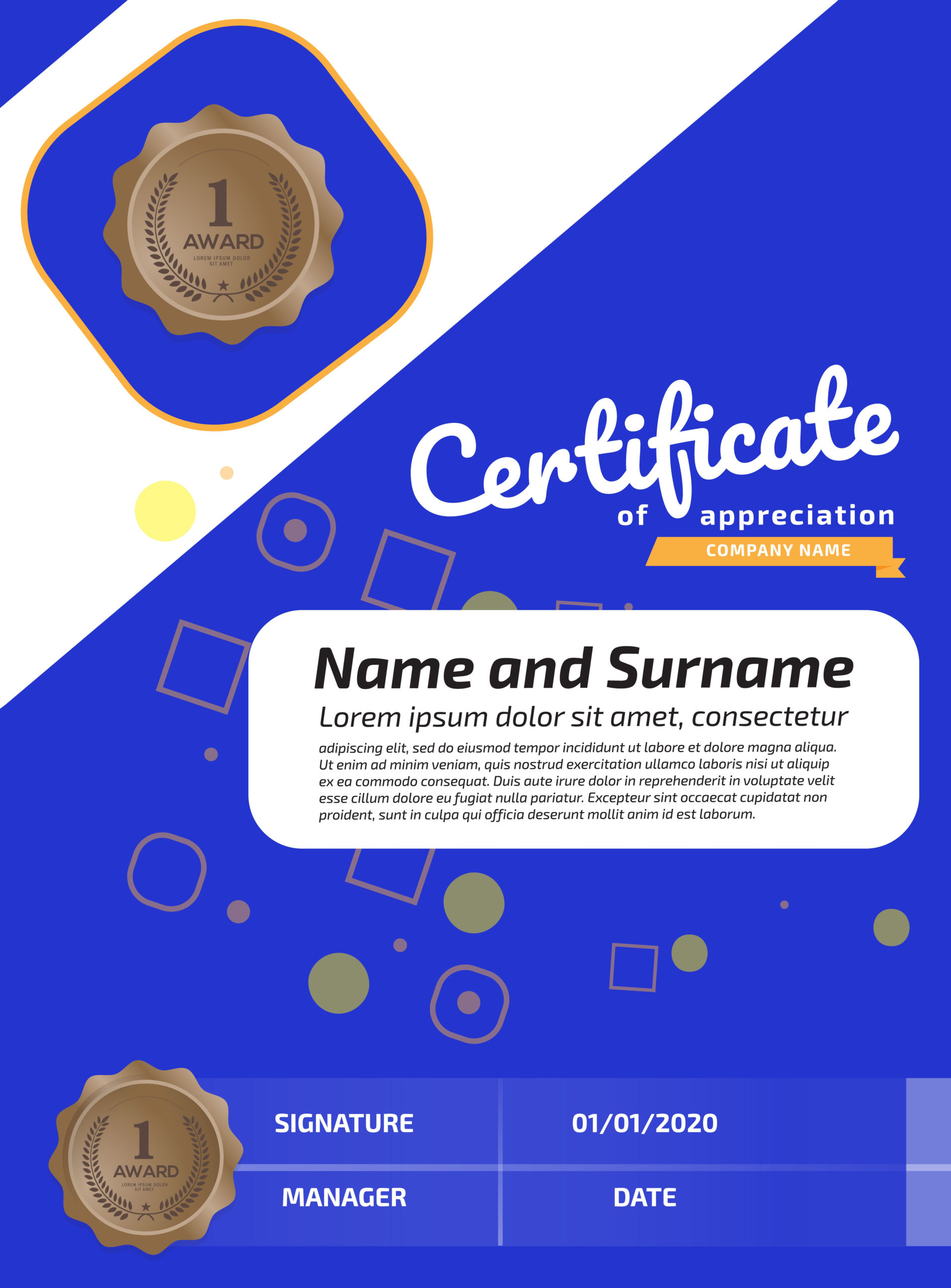 Certificate Of Appreciation Award Template. Illustration In Certificate Template Size