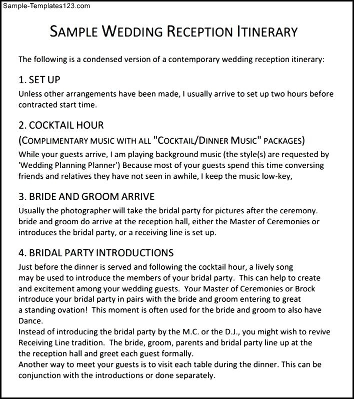 Sample Wedding Reception Itinerary Template Sample Templates Inside Wedding Reception Itinerary Template