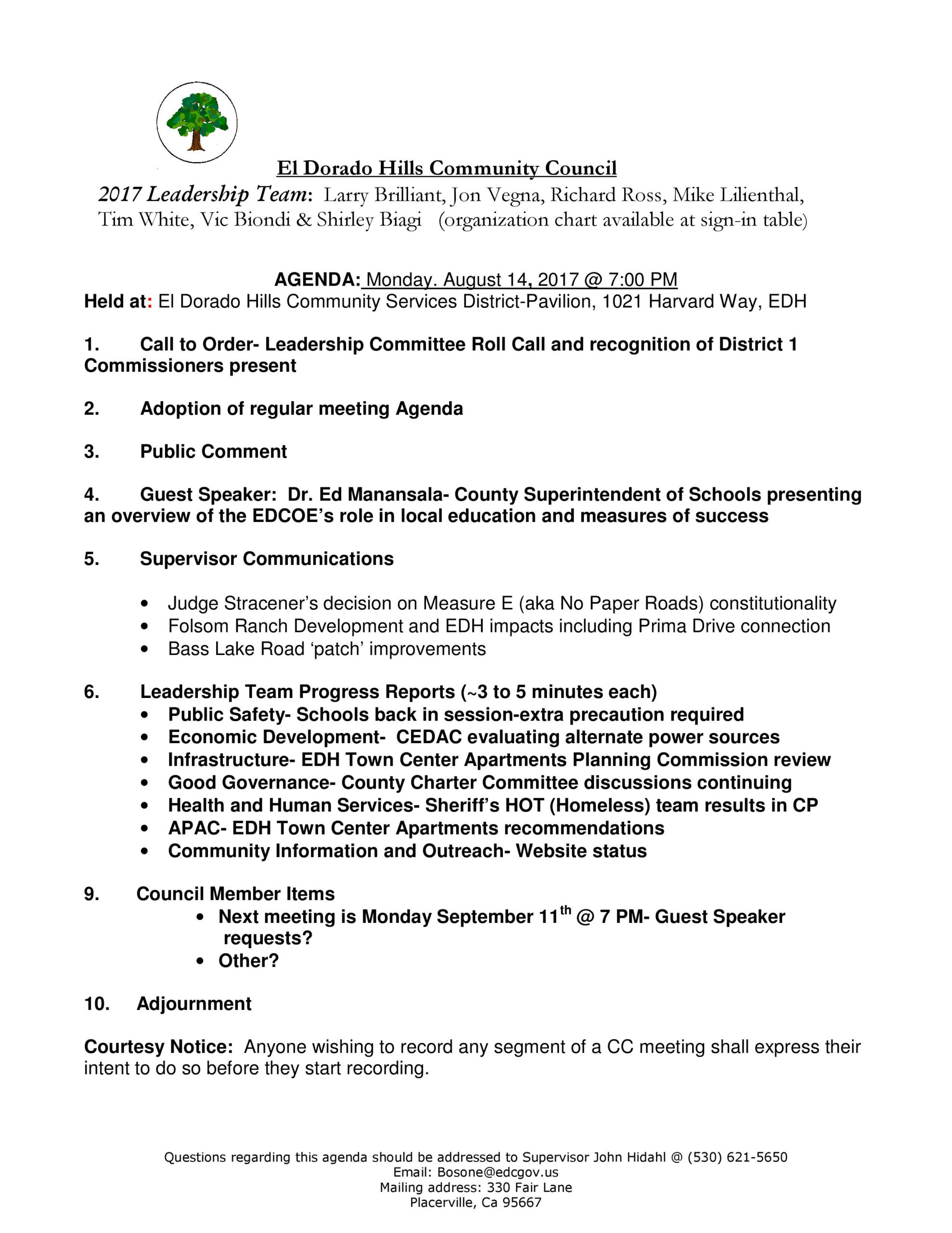 El Dorado Hills Community Council Aug 2017 Meeting Agenda Inside Safety Meeting Agenda Items