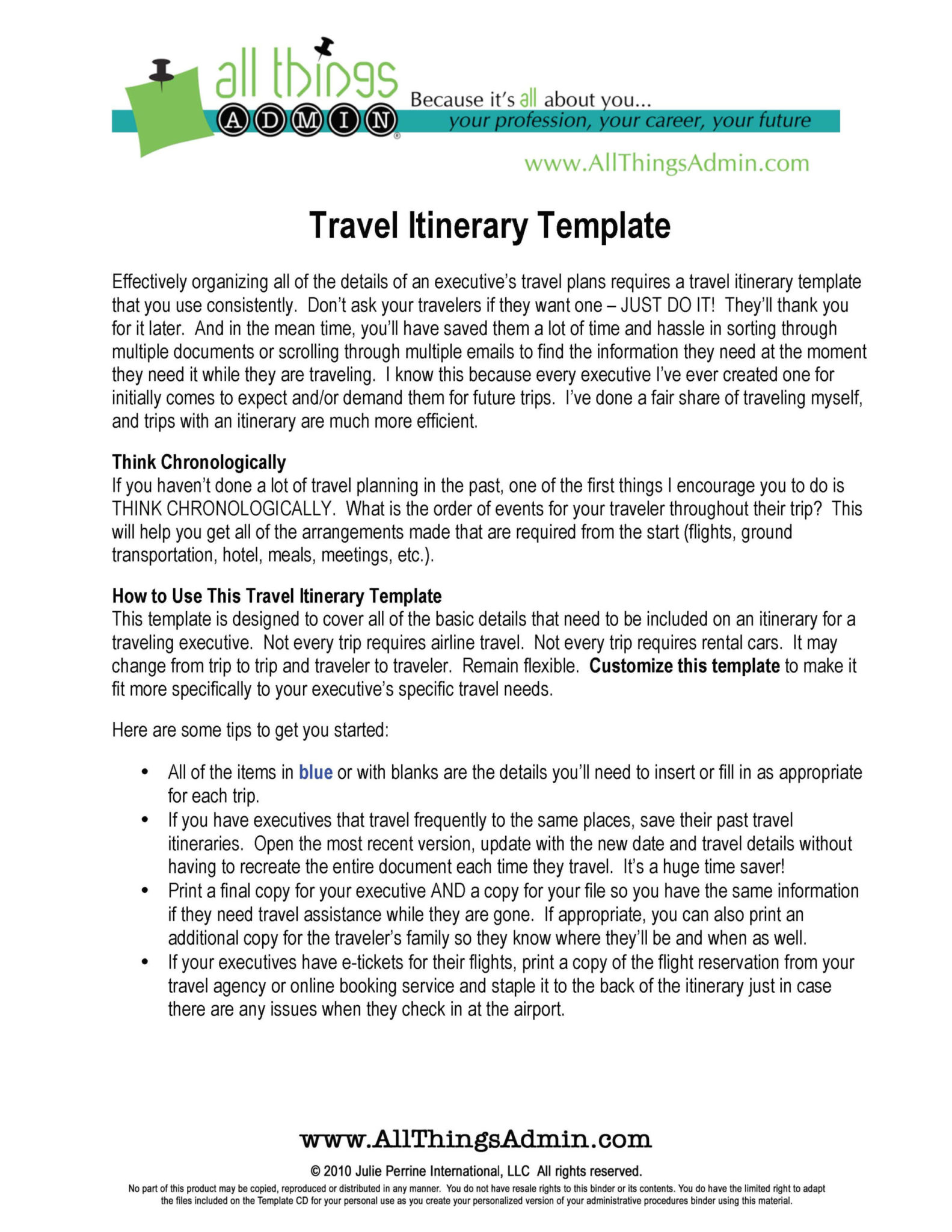 Executive Assistant Travel Itinerary Template
