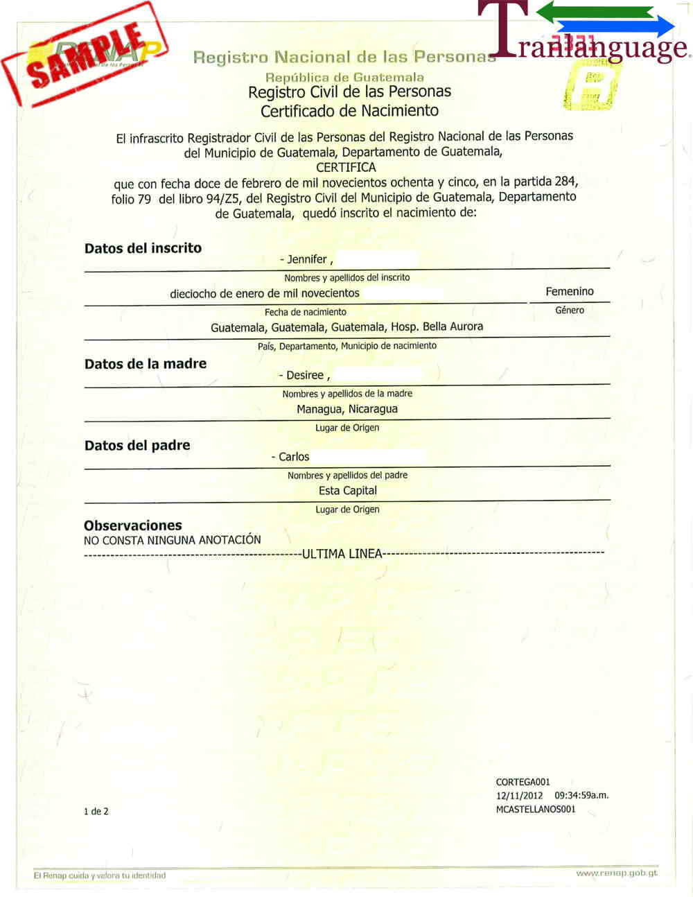 Birth Certificate Guatemala With Uscis Birth Certificate Within Fresh Birth Certificate Translation Template Uscis