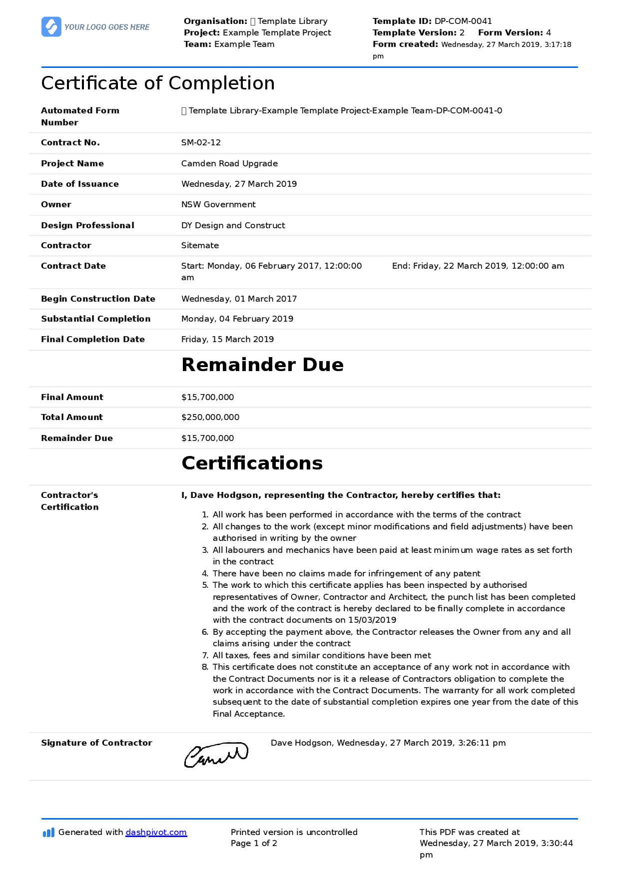Construction Certificate Of Completion Template Intended For Fascinating Construction Certificate Of Completion Template