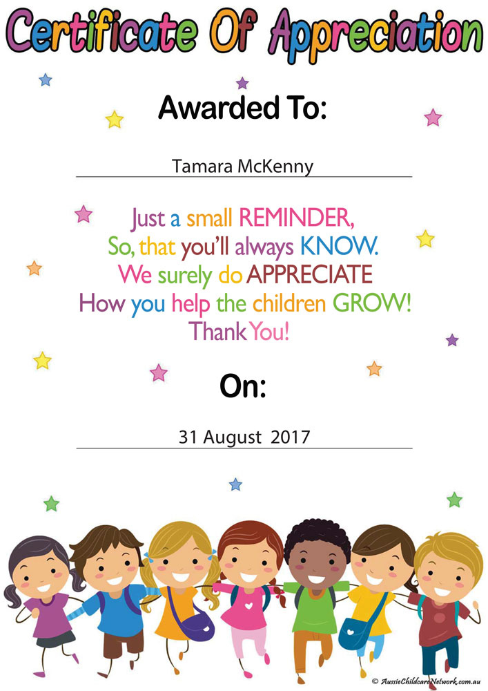Educator'S Certificate Of Appreciation Aussie Childcare Throughout Children'S Certificate Template
