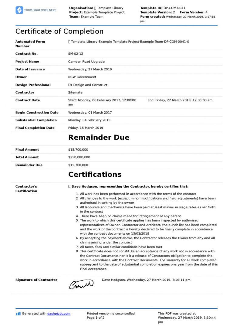 Free Certificate Of Completion For Construction Free Regarding Certificate Of Completion Construction Templates