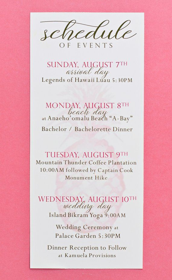 Hawaii Wedding Itinerary Cards Printed Pineapple Wedding For Simple Destination Wedding Weekend Itinerary Template