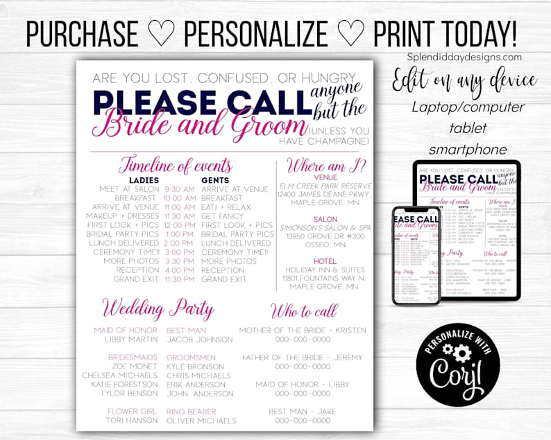 Wedding Day Timeline Schedule Template Bridal Party | Etsy Within Wedding Party Itinerary Template