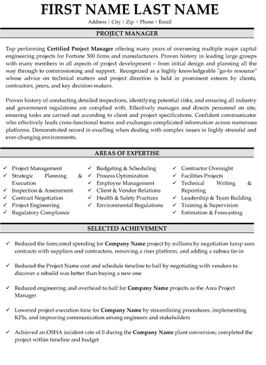 Engineering Project Manager Resume Sample &amp; Template Inside Engineering Project Management Template