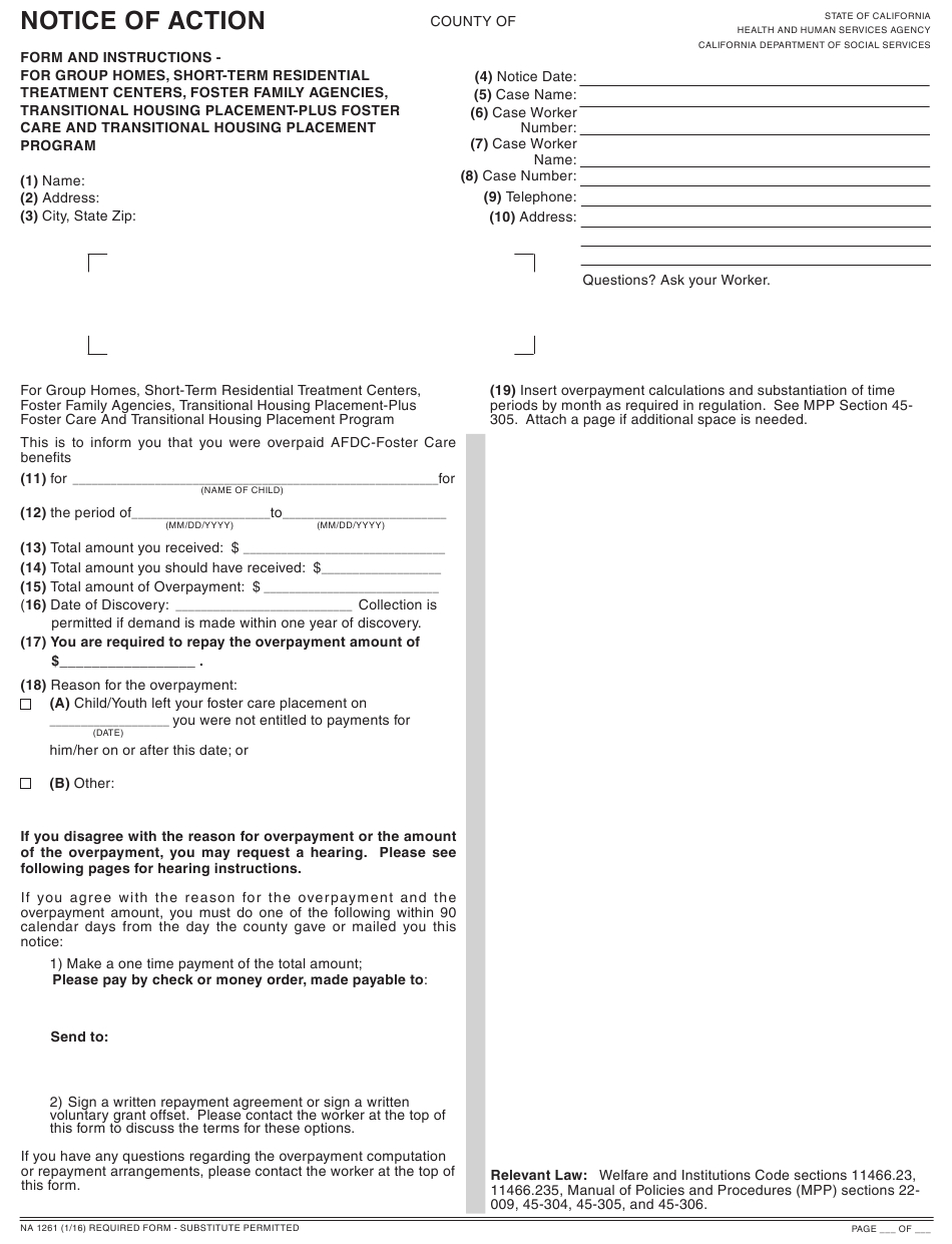Form Na1261 Download Fillable Pdf Or Fill Online Notice Of In Transitional Care Management Documentation Template