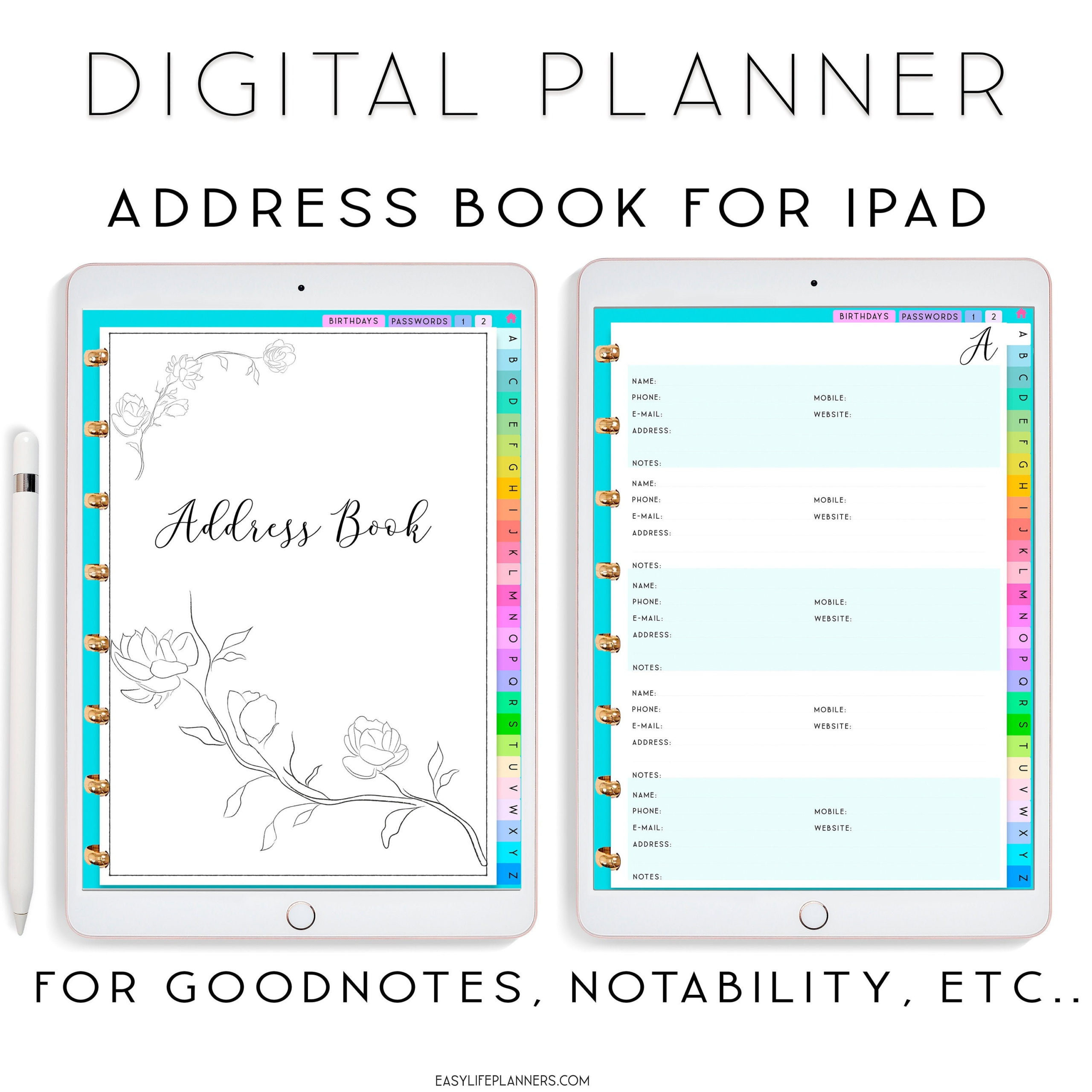 Address Book Digital Planner, Ipad Planner, Goodnotes inside Free Budget Planner Template Ipad