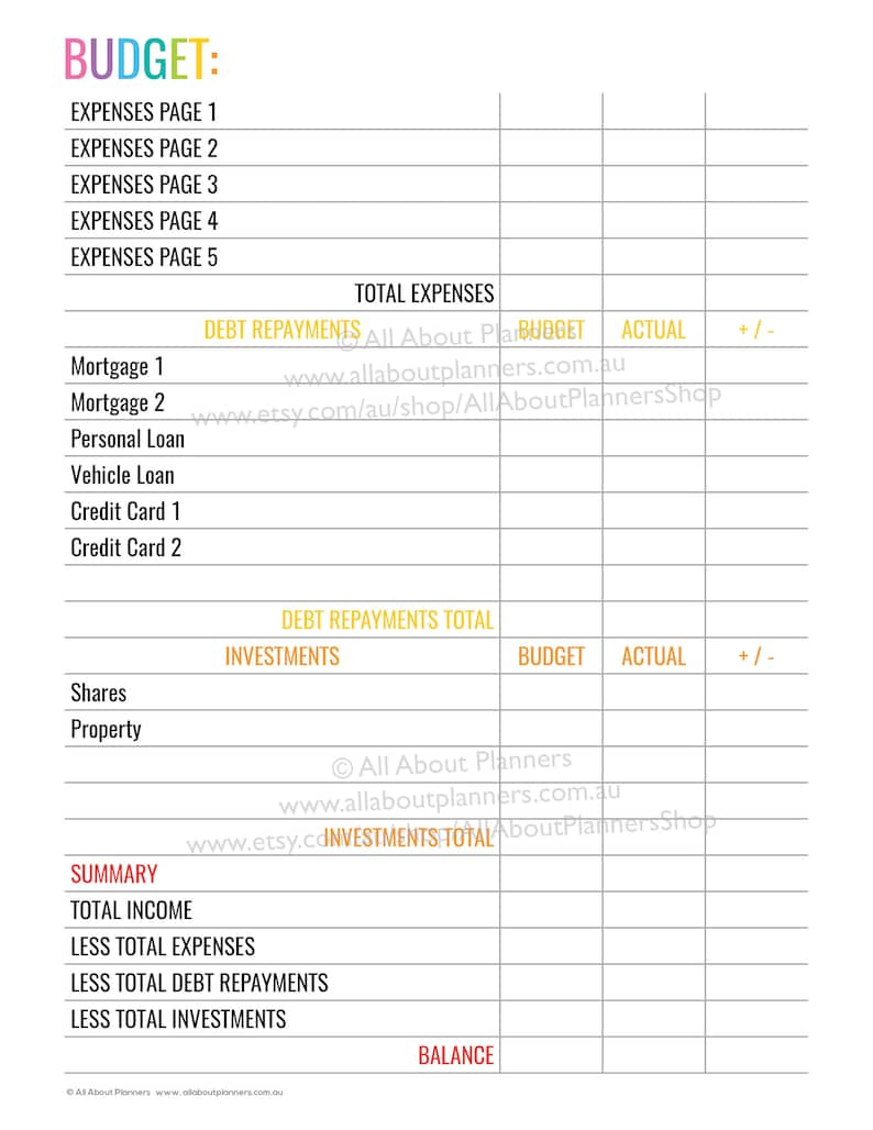 Budget Printable Editable Insert Template Planner Refill for Best Budget Planner Template Australia