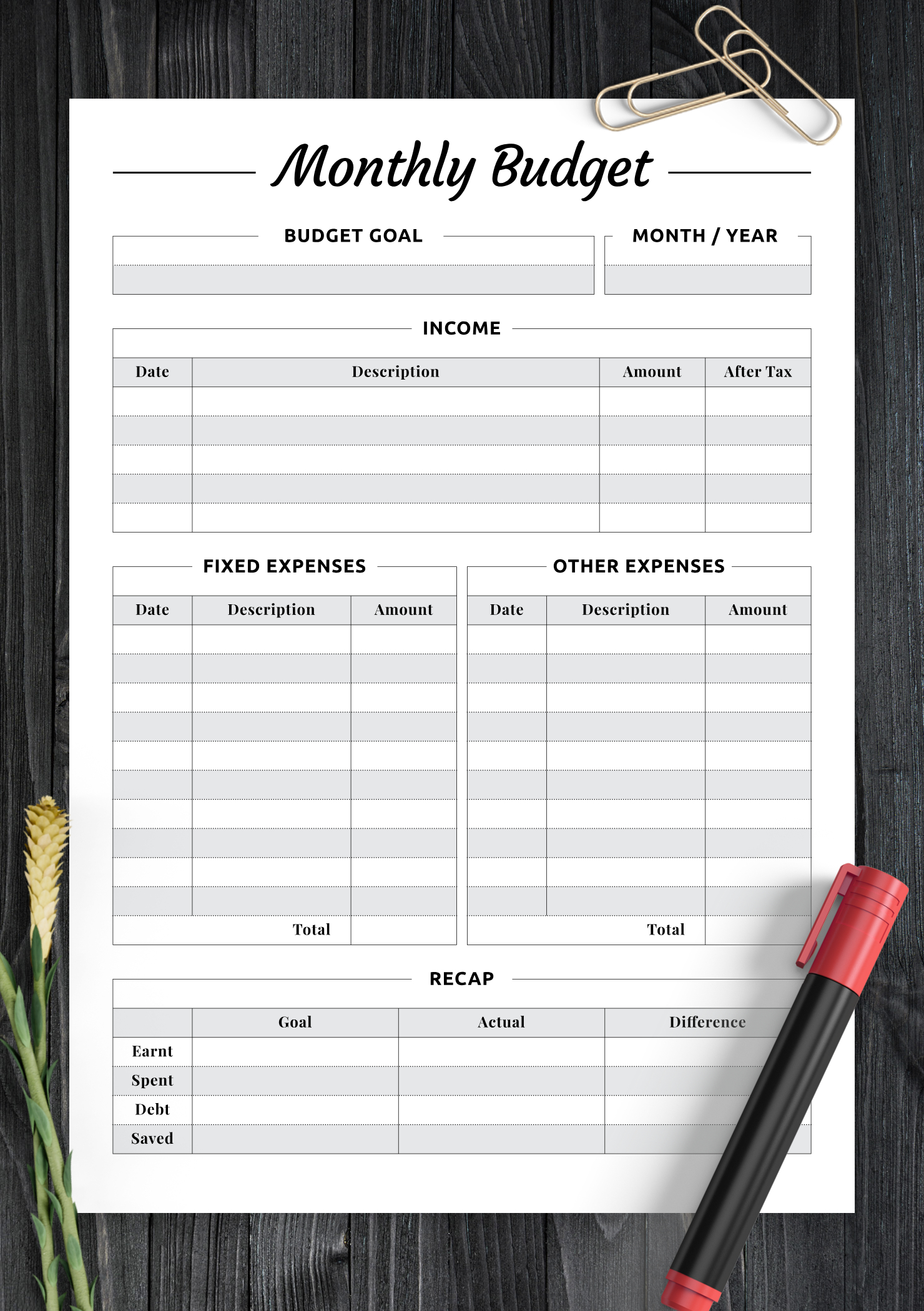 Download Printable Monthly Budget With Recap Section Pdf within Weekly Budget Planner Template Free
