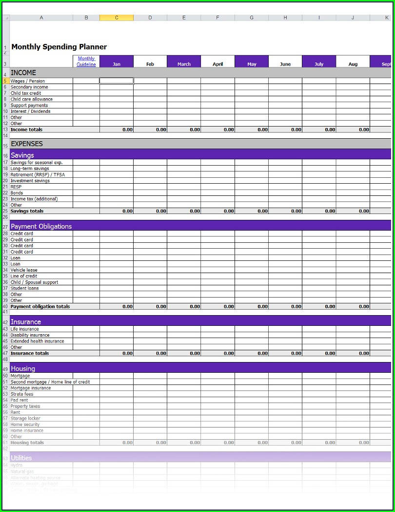 Monthly Budget Worksheet For High School Students in Free Budget Spreadsheet Template Canada