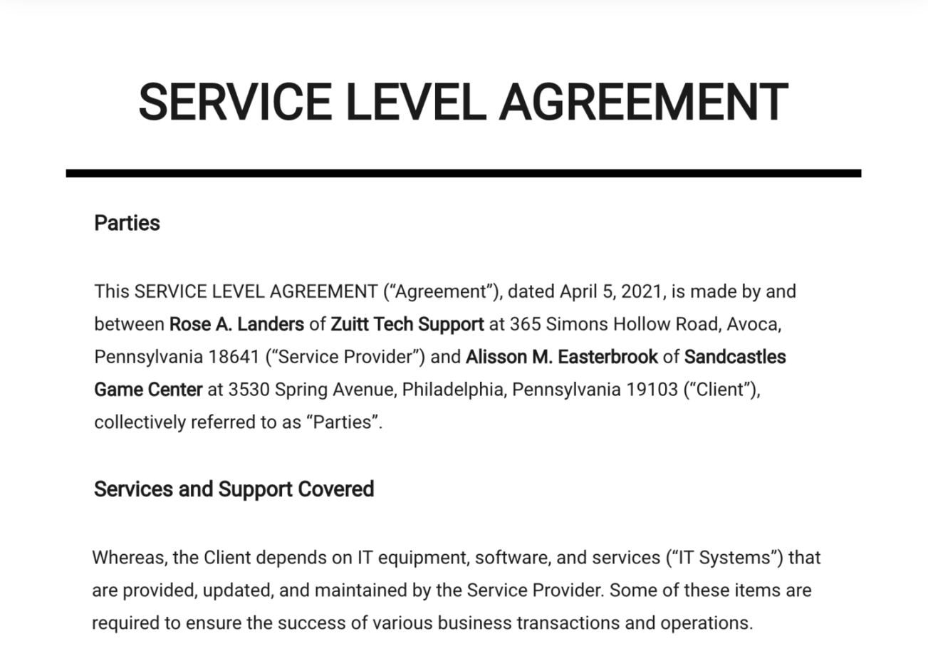 Standard Service Level Agreement Template