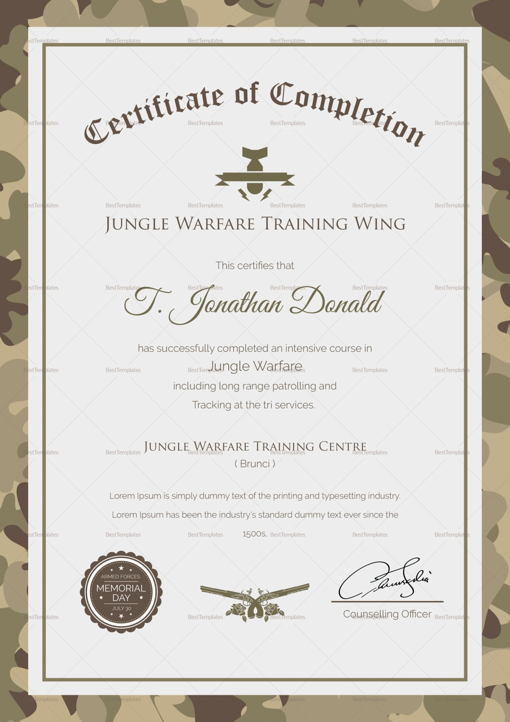 Army Camo Training Completion Certificate Design Template in PSD, Word