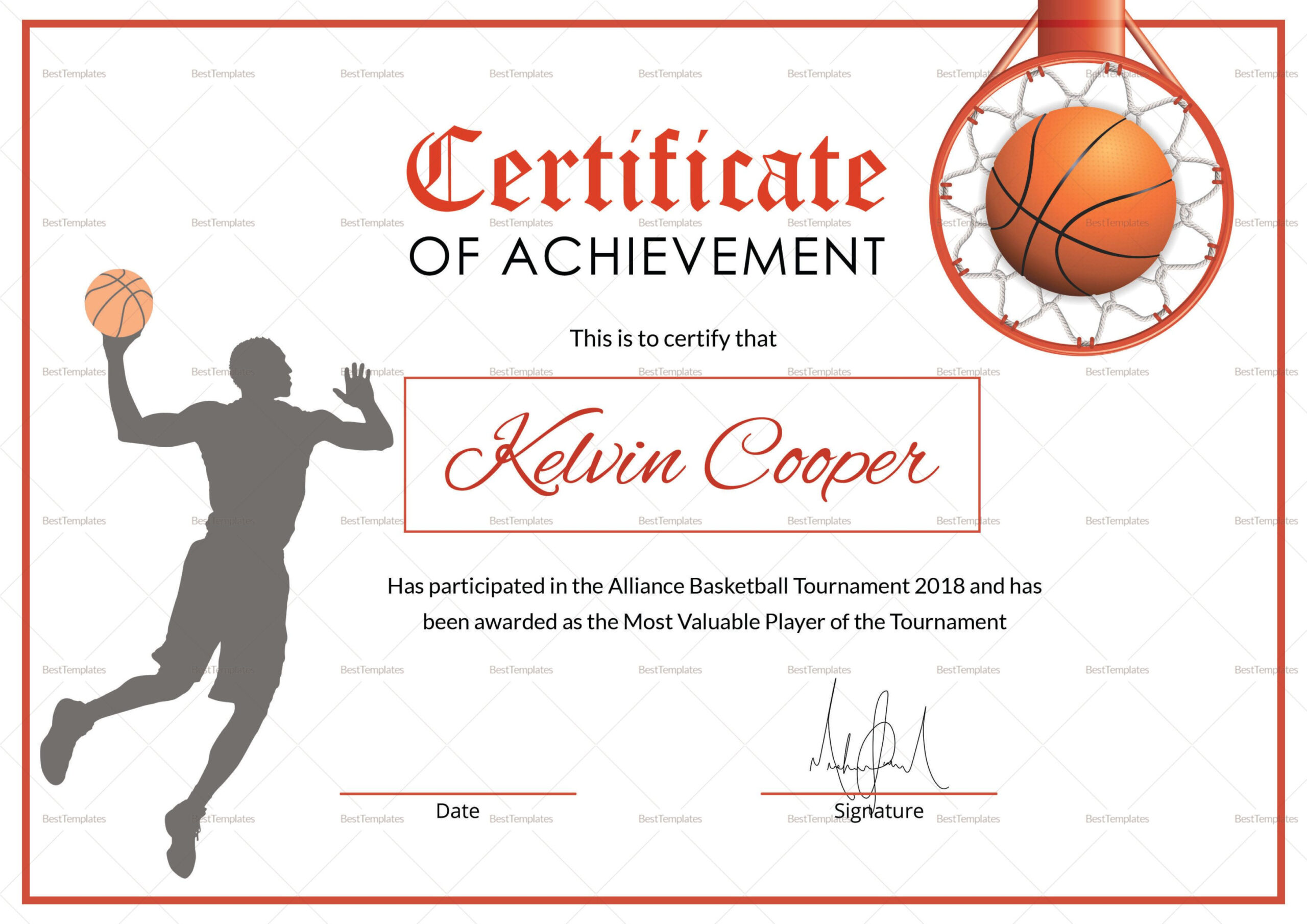 Basketball Award Achievement Certificate Design Template in Word, PSD