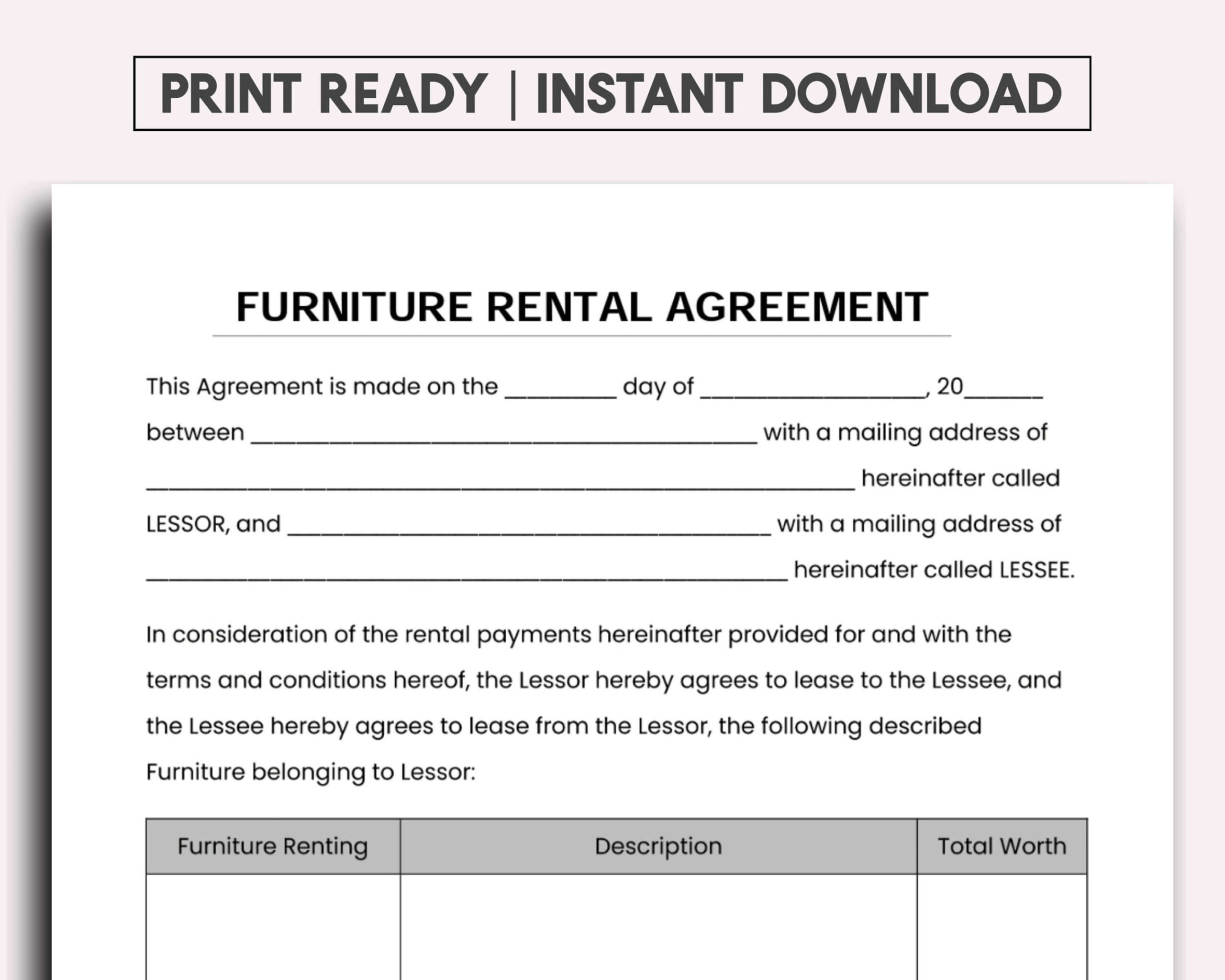 BEST Furniture Rental Agreement, Furniture Hire Contract