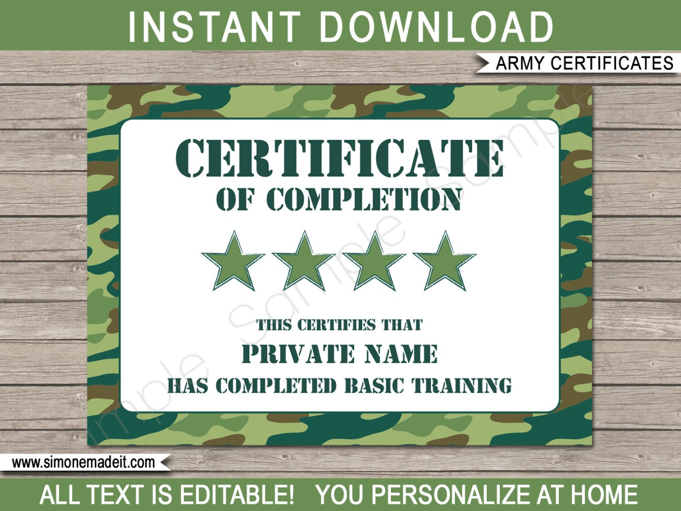 Boot Camp Certificate of Completion Template Printable Green Camo