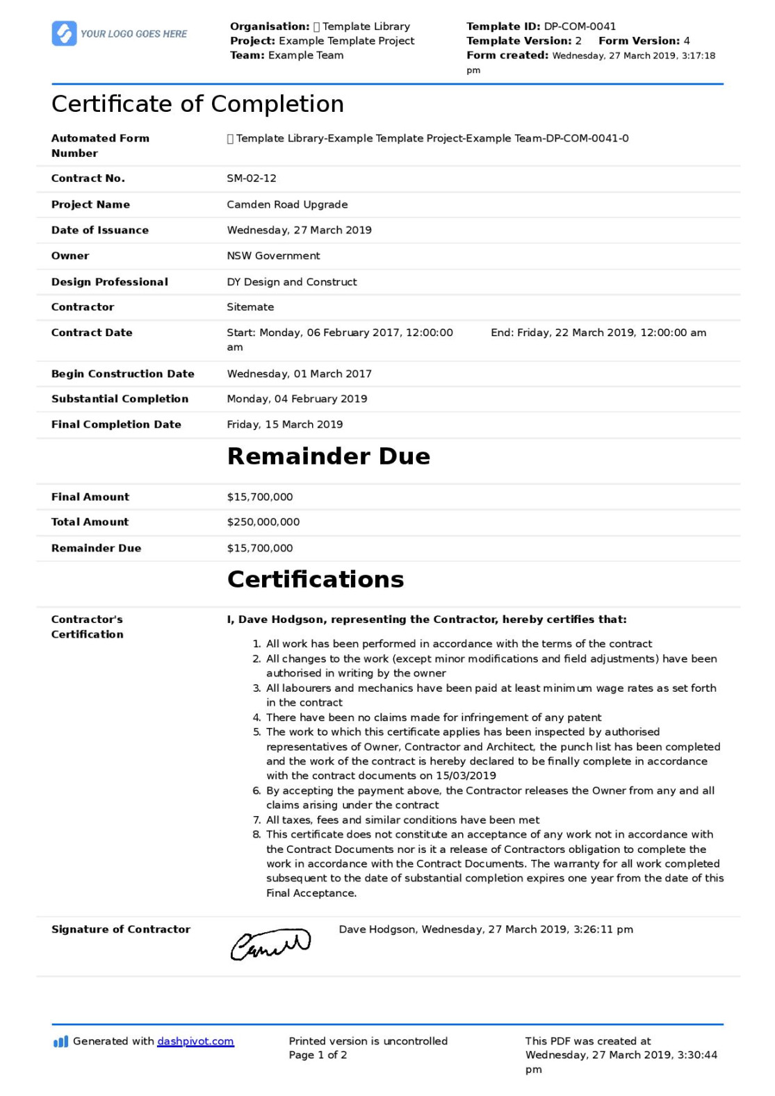 Certificate of Completion Construction Template and Sample PDF