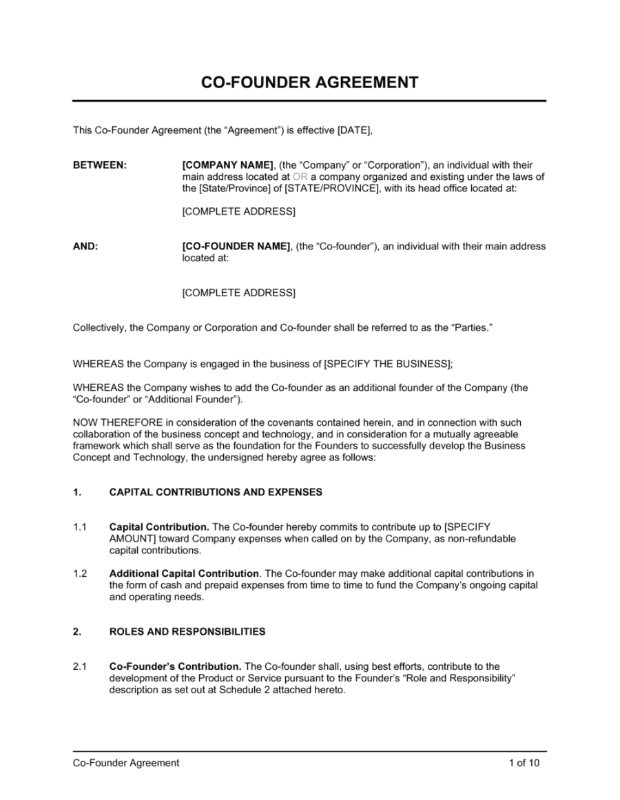 Co-Founder Agreement Template  [Download