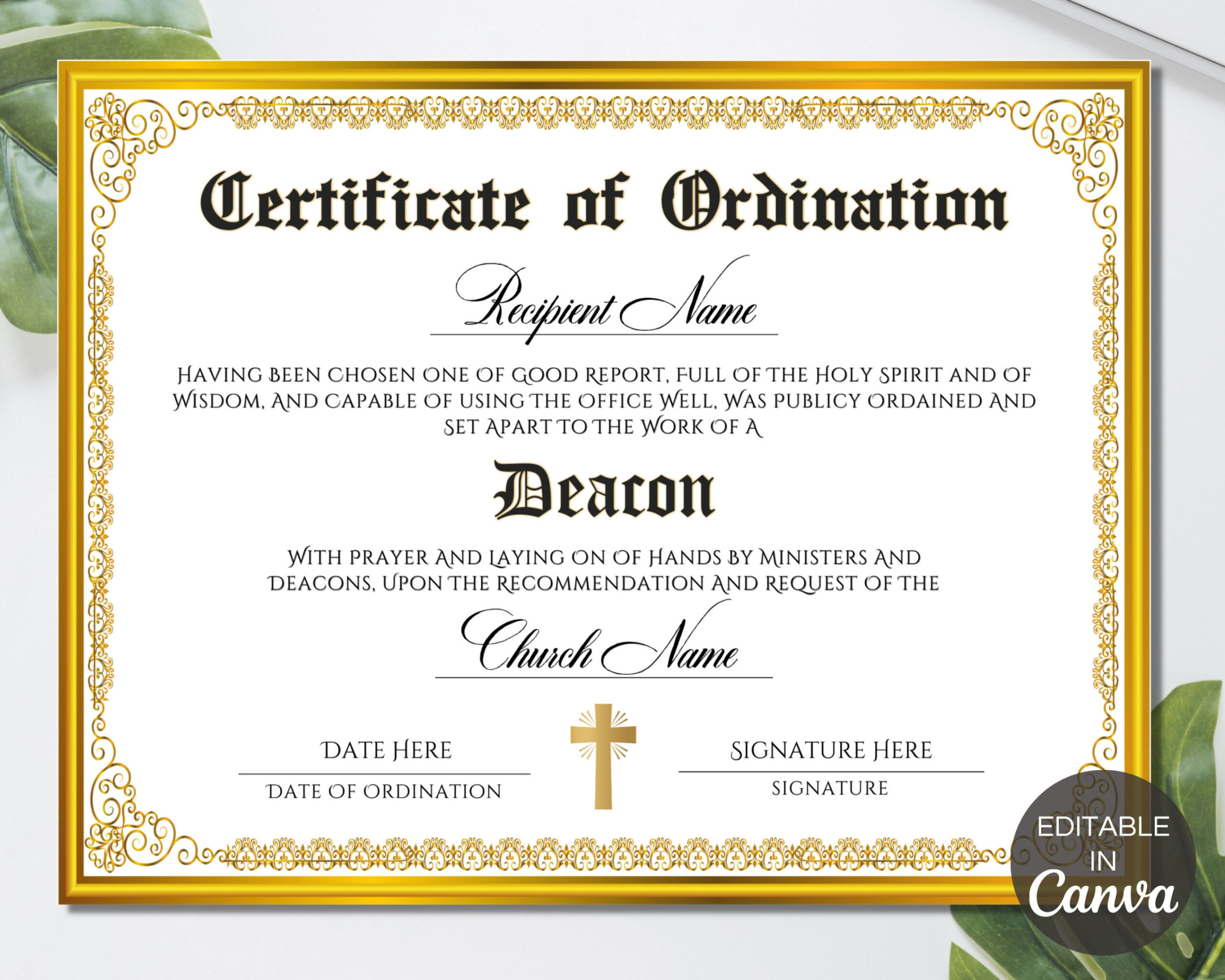 Deacon Ordination Certificate Template, Printable Certificate of  Ordination, Editable Ministry Certificate, Ordained Minister