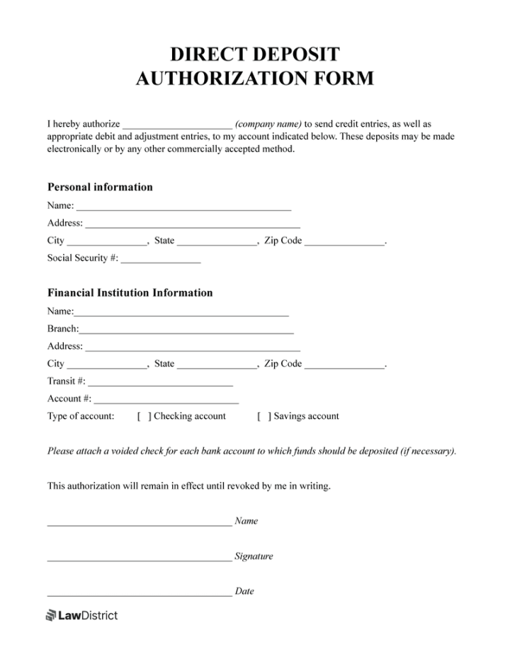 Direct Deposit Authorization Form  Free PDF  LawDistrict