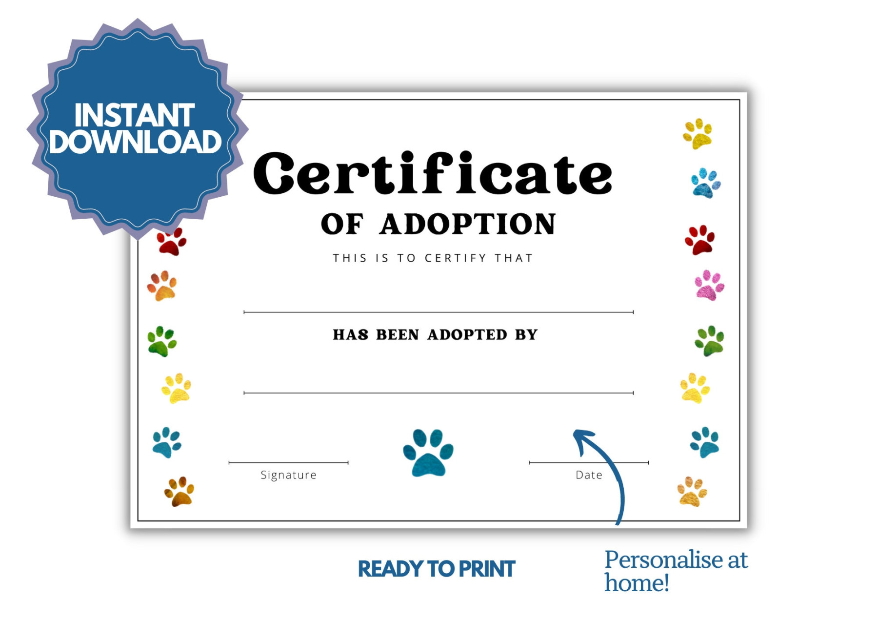 Dog Adoption Certificate Instant Download Printable Pet Adoption