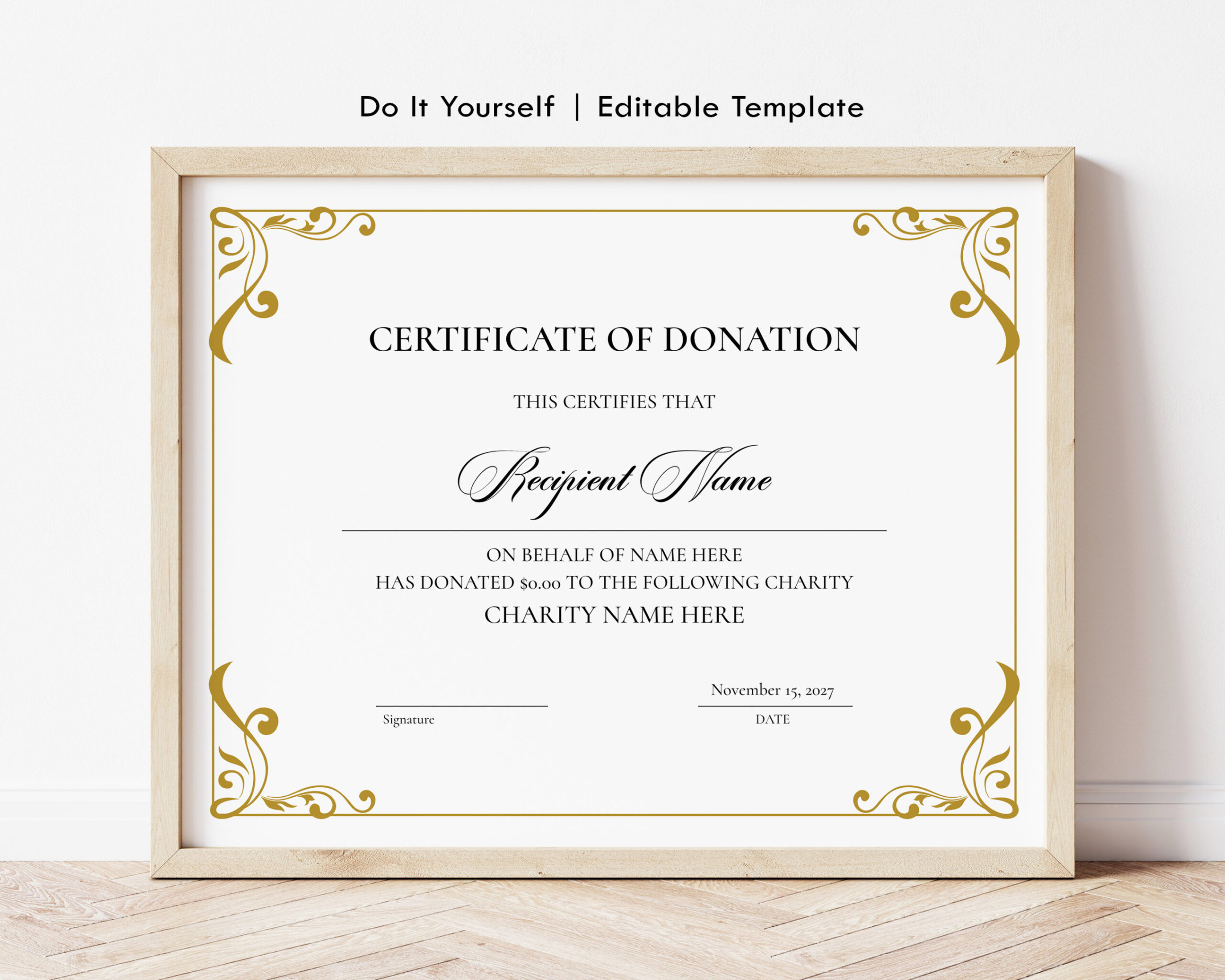 Editable Certificate of Donation Template, Printable Charity