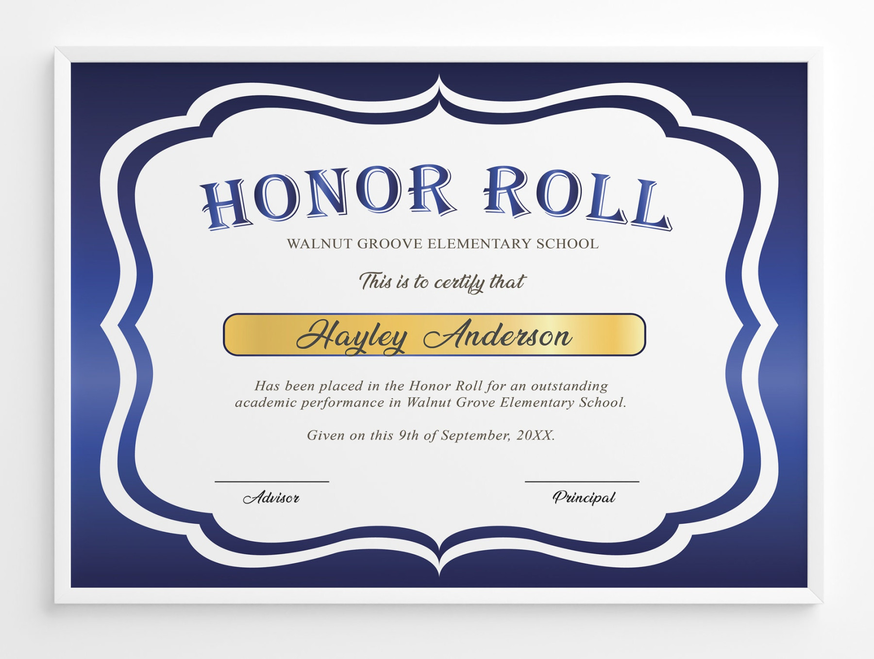 Editable Honor Roll Certificate Template, Royal Blue School Award