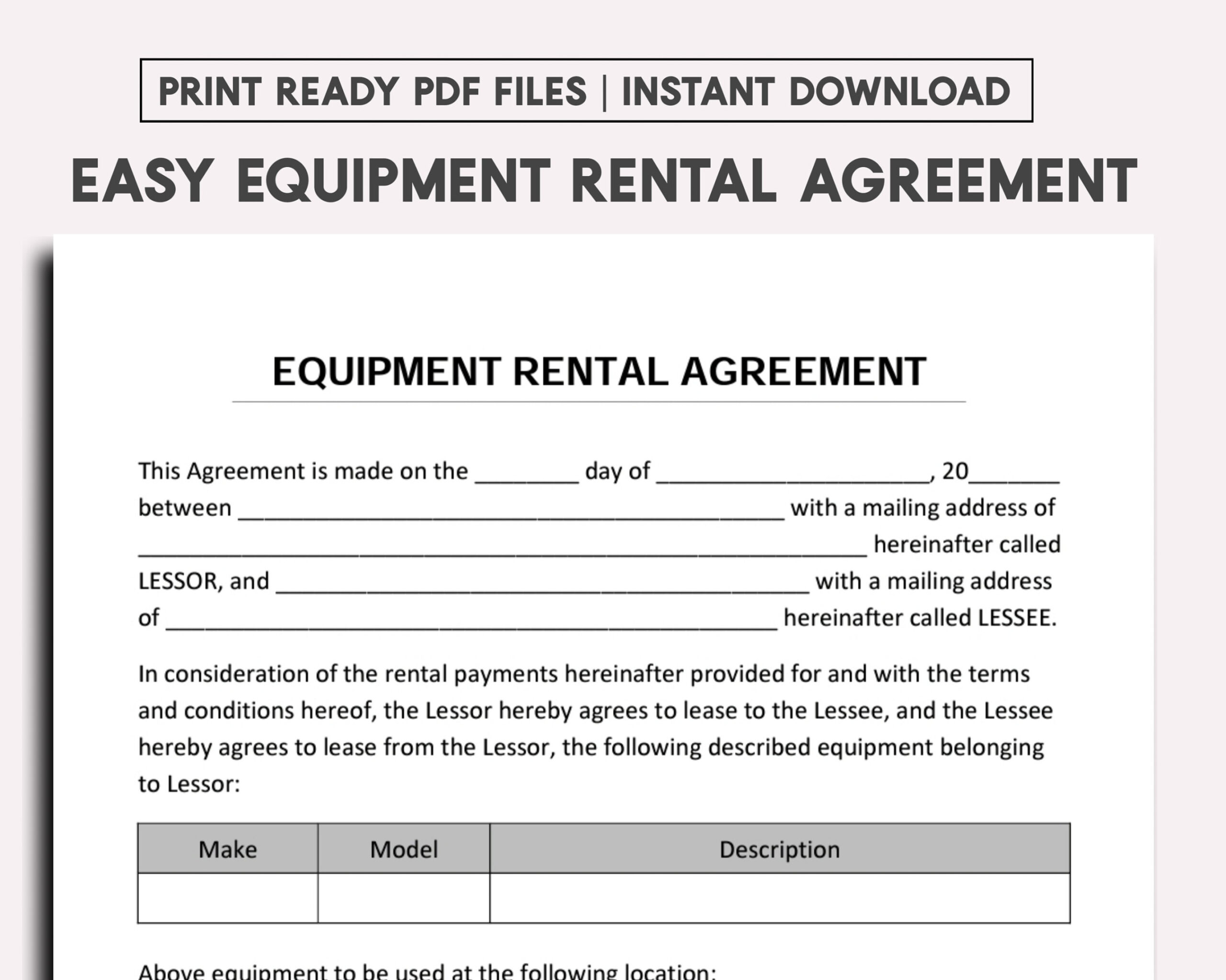 Equipment Rental Agreement Template - Etsy