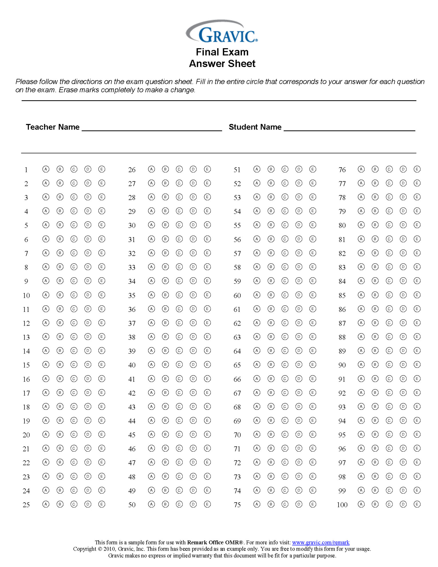 Final Exam  Question Test Answer Sheet · Remark Software