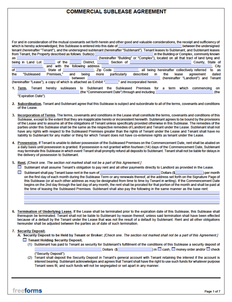 Free Commercial Sublease Agreement Template  PDF