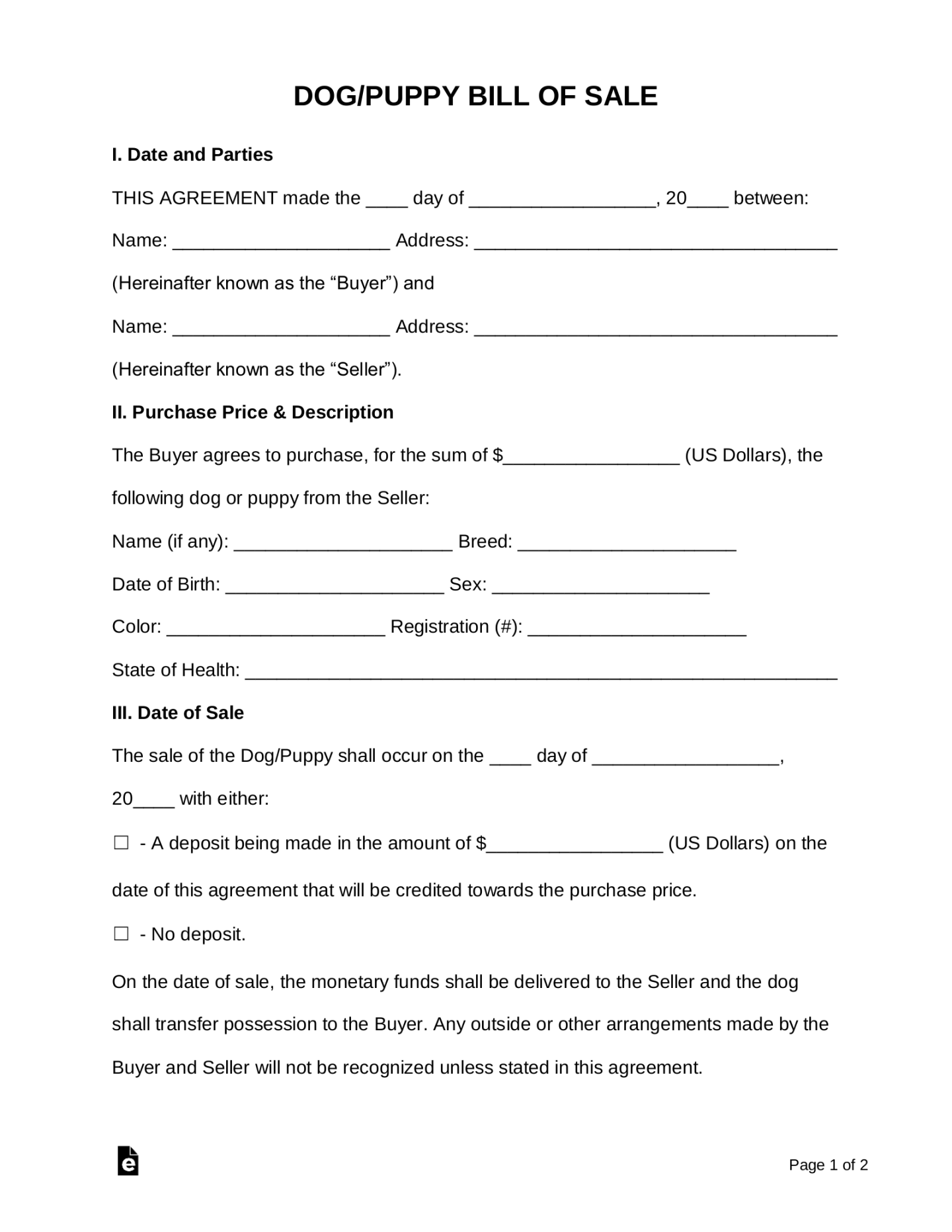 Free Dog/Puppy Bill of Sale Form - PDF  Word – eForms