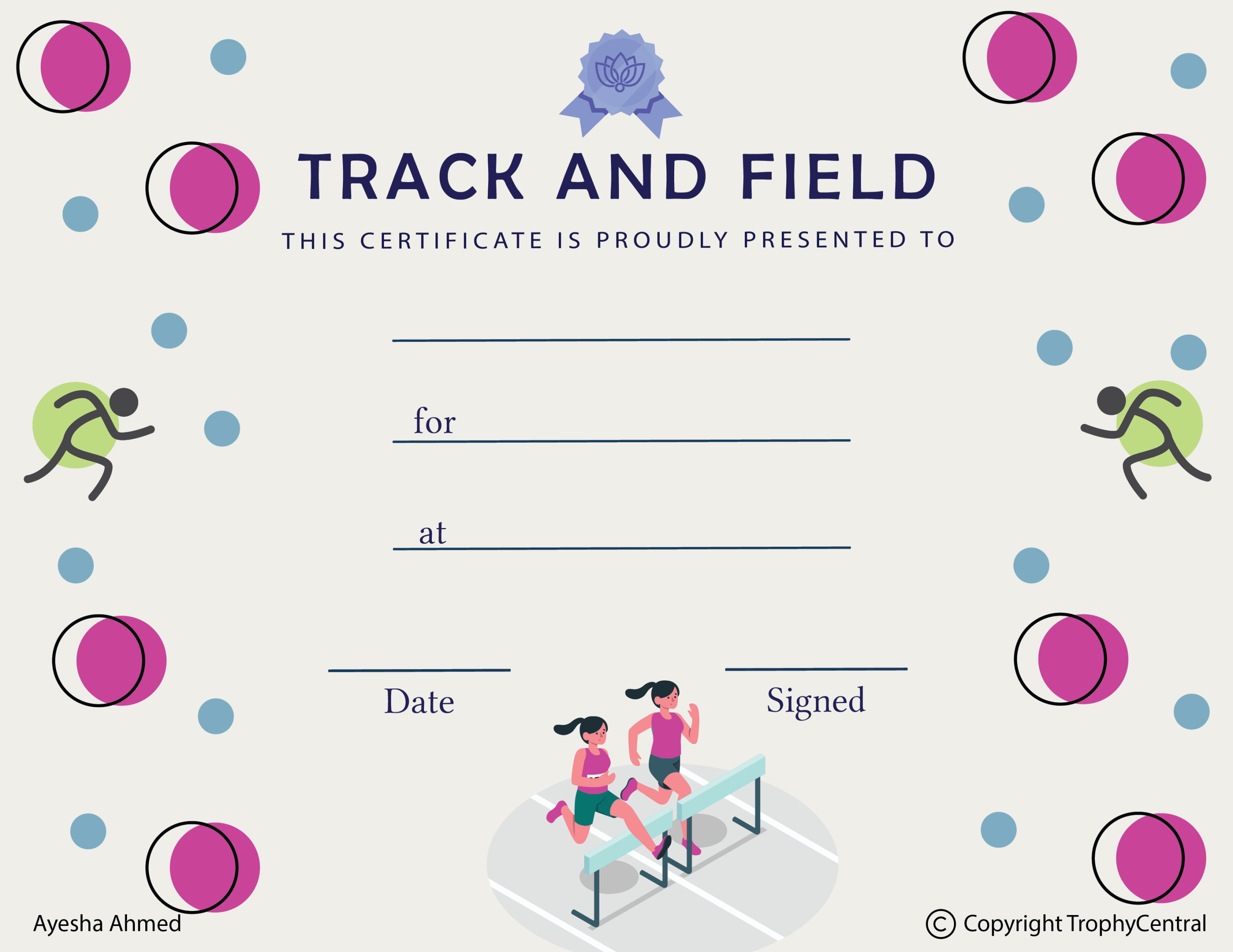 Free Female Track & Field Certificate Template  TrophyCentral