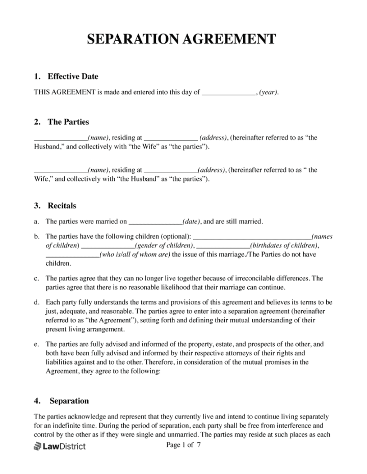 Informal Separation Agreement Template