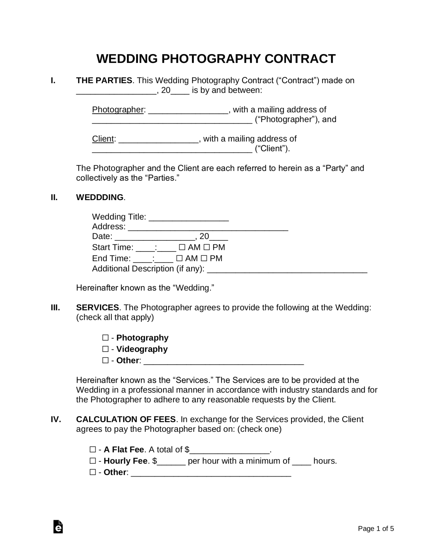 Free Wedding Photography Contract Template - PDF  Word – eForms