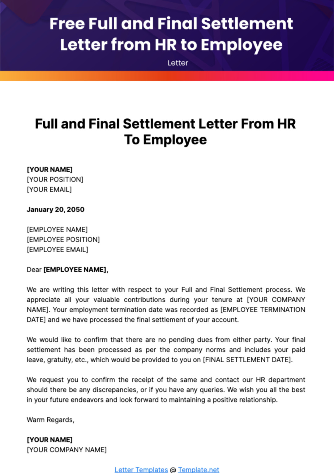 Full and Final Settlement Letter from HR to Employee Template