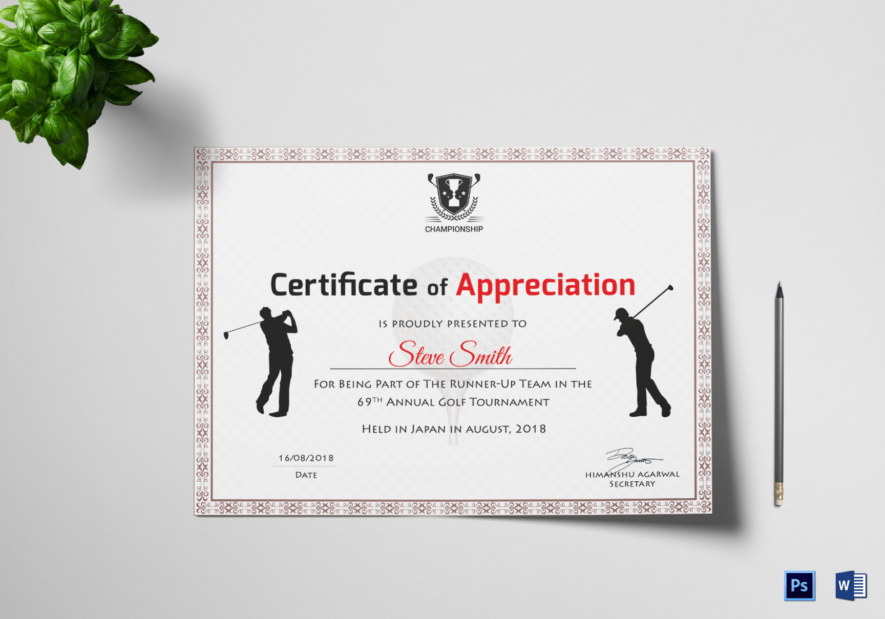 Golf Appreciation Certificate Design Template in PSD, Word