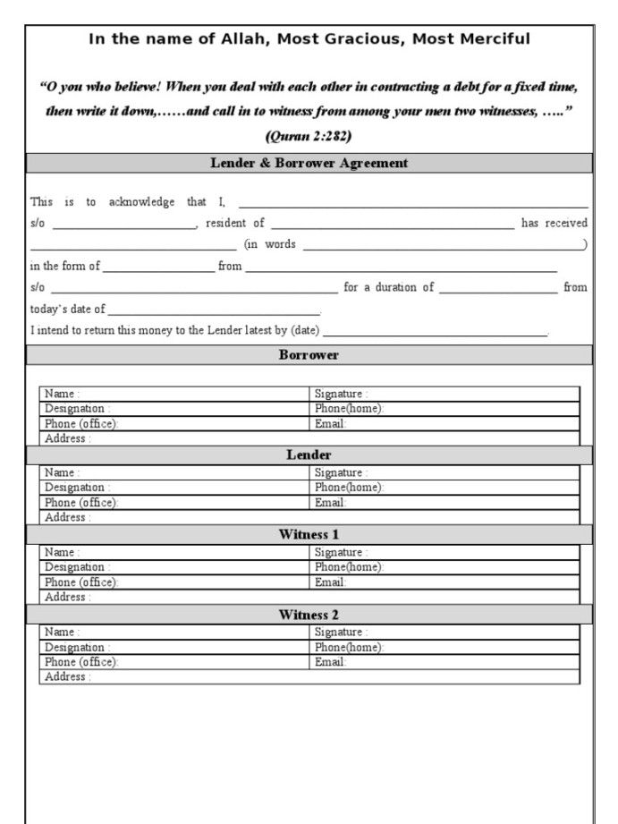 Muslims Agreement Form When Lending & Borrowing Money  PDF