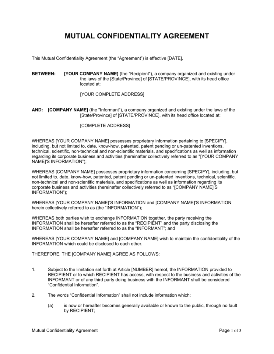 Mutual Confidentiality Agreement Template [Download