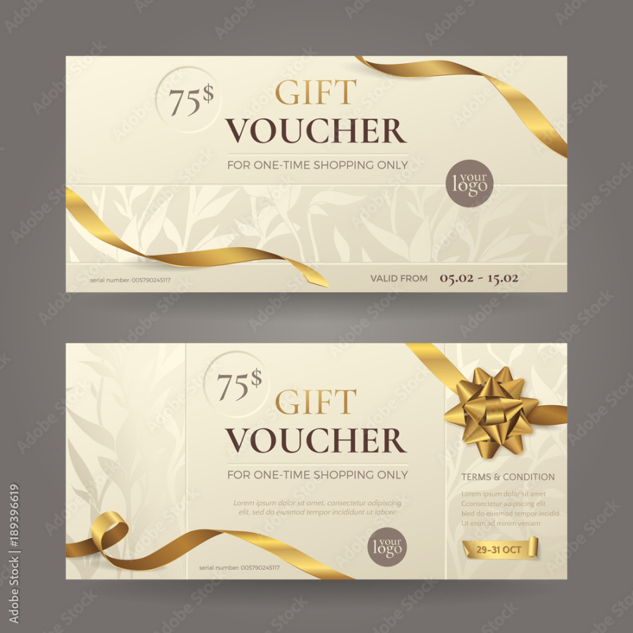 Set of stylish gift voucher with golden ribbons, a bow and floral