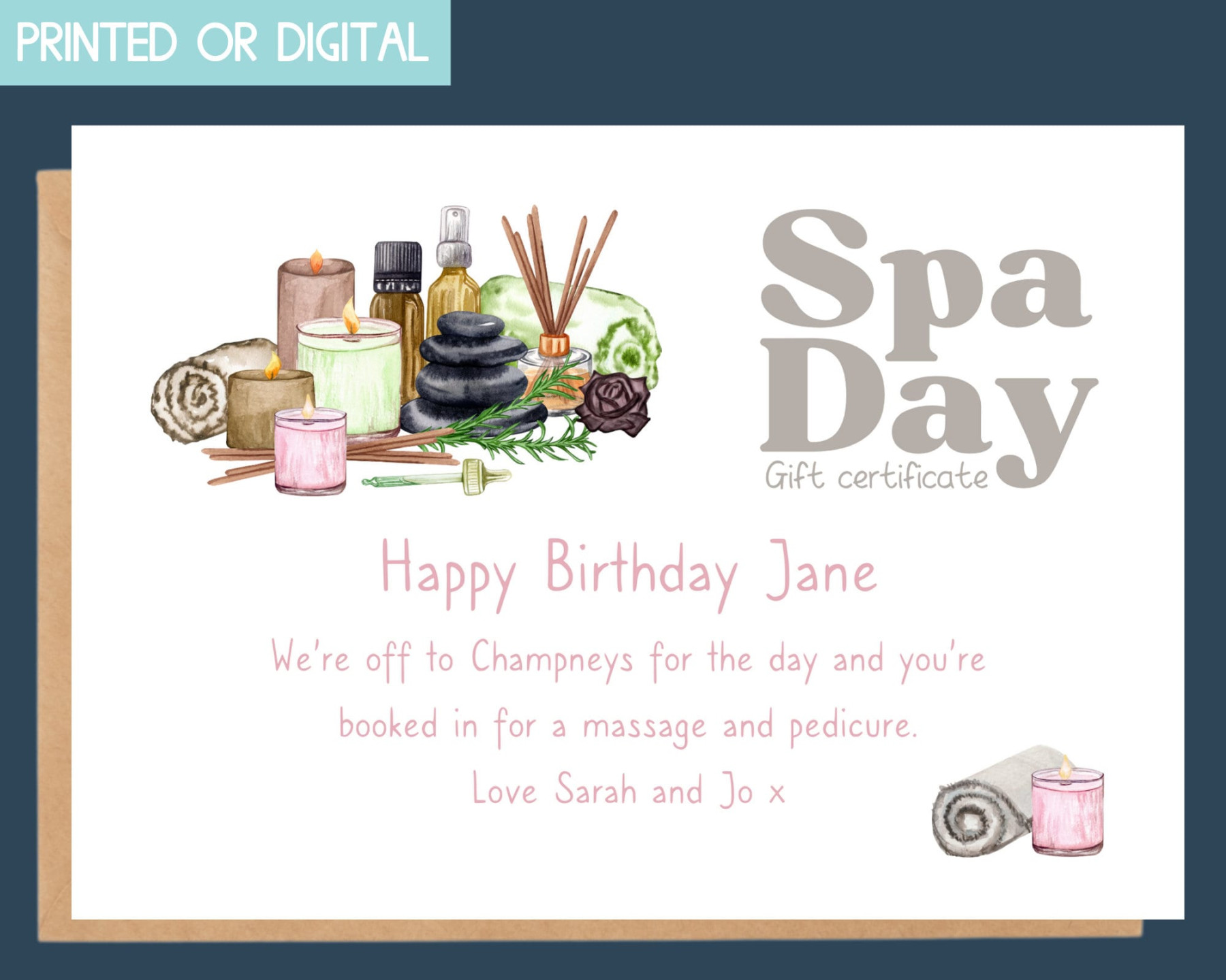 Spa day gift card for friend, gift certificate template printable