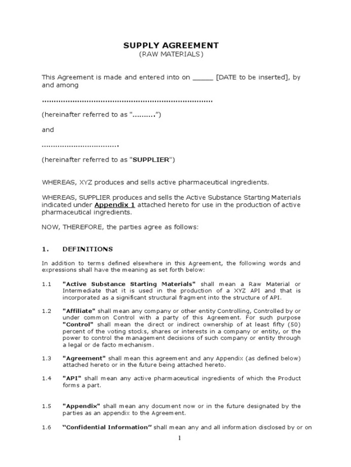 Supply Agreement: (Raw Materials)  Download Free PDF