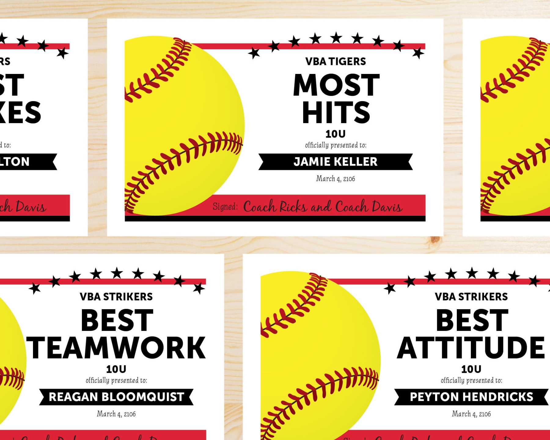 TEAM COLORS Softball Award Certificates Instant Download Printable