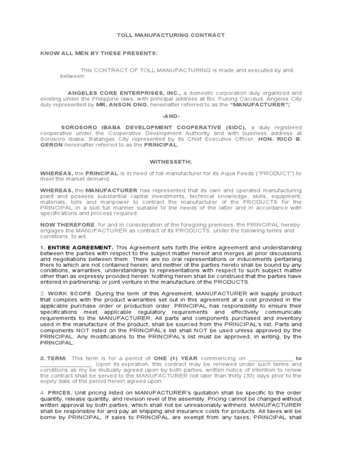 Toll Manufacturing Agreement Template